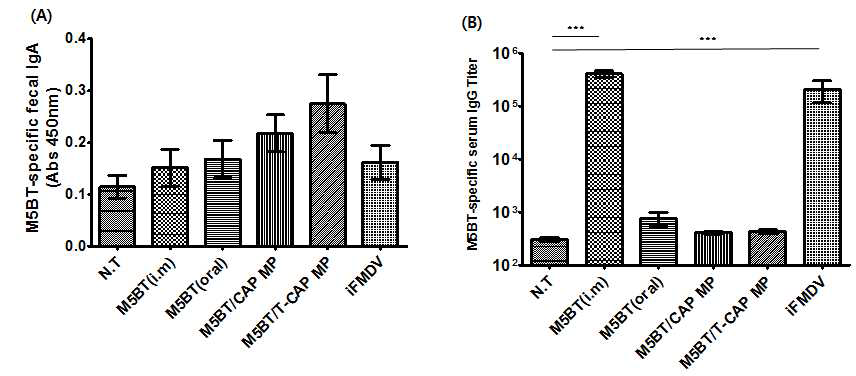(A) M5BT 특이적 장내 IgA 역가 분석, (B) 혈중 M5BT 특이적 IgG 역가 분석