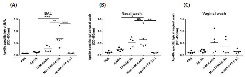 점막에서의 ApxIIA 특이적 sIgA 측정 결과 *p < 0.05, **p < 0.01, ***p < 0.005 유의성