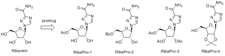 Ribavirin과 ribavirin 전구 화합물 (RibaPro)의 구조