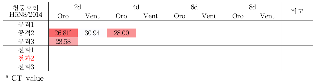 청둥오리의 2014년 분리 H5N8 clade 2.3.4 바이러스 접종 후 swab sample의 real-time PCR 결과.