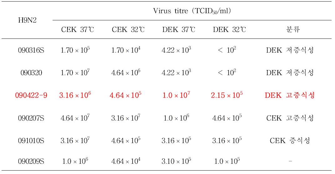 H9N2 분리주들의 계태아신장세포 (CEK) 및 압태아신장세포 (DEK) 온도별 증식성 비교.