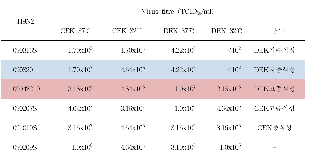 H9N2 분리주들의 계태아신장세포 (CEK) 및 압태아신장세포 (DEK) 증식성 비교 결과.