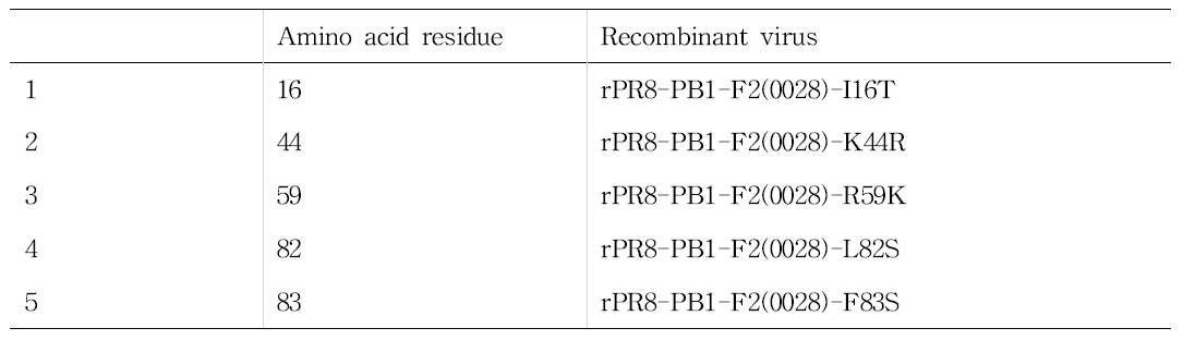 PB1-F2 유전자 돌연변이 재조합 바이러스 제작.