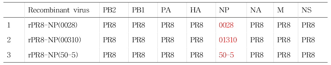 NP 유전자 치환 PR8 재조합 바이러스 제작.