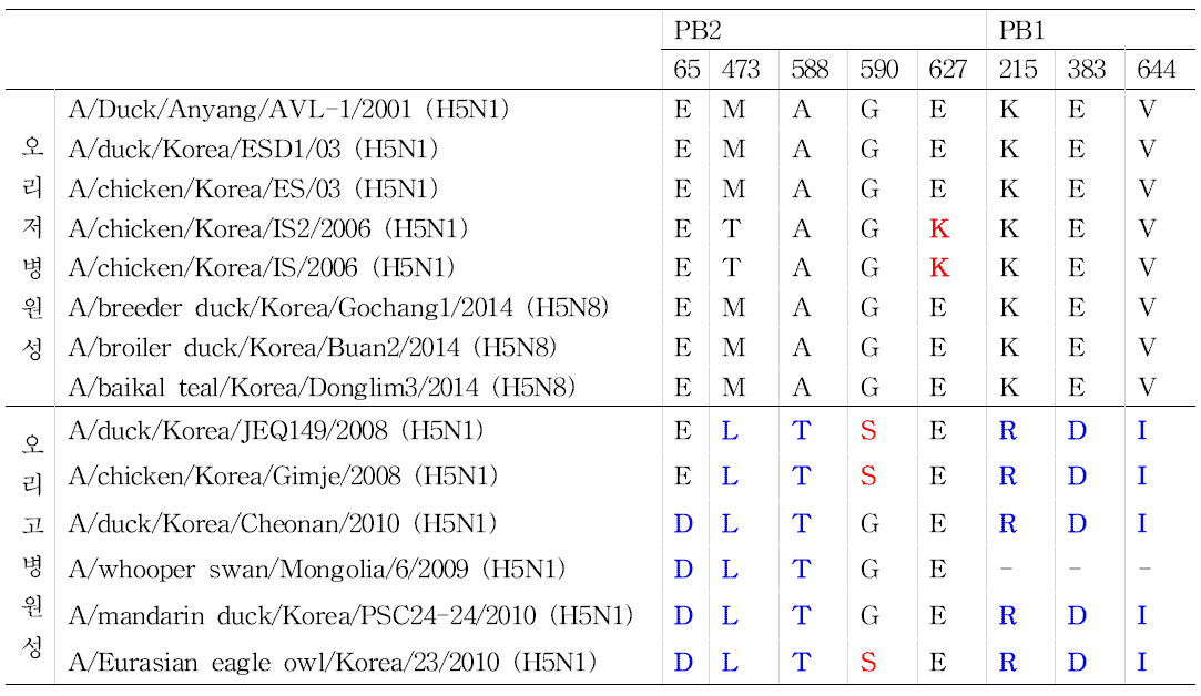 고병원성 인플루엔자 바이러스의 오리 병원성 차이에 기인한 것으로 예상되는 아미노산 비교 (PB2,PB1 유전자).