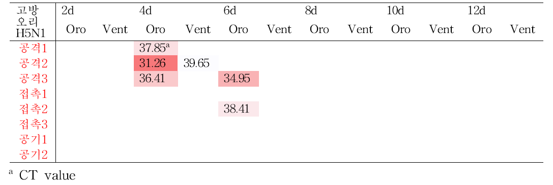 H5N1 바이러스 (clade 2.3.2) 접종 후 야생조류 swab sample의 real-time PCR 결과.