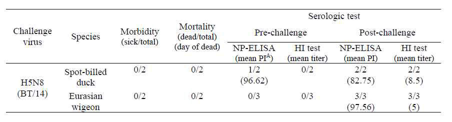 H5N8 바이러스 (clade 2.3.4) 접종 후 야생조류 종별 폐사율 및 혈청반전 검사 결과.