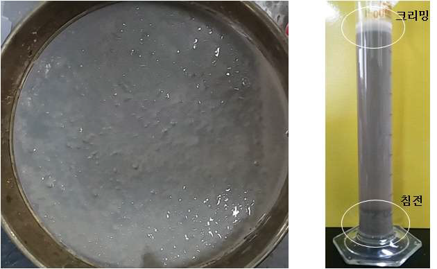 레토르트 후 BCAA 뉴케어 검은깨맛의 메시망 통과 직후 사진(왼쪽) 및 메스실린더 10일간 보관 후 사진(오른쪽).