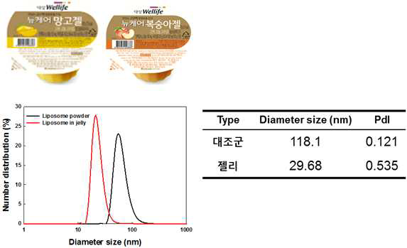 젤리 제품에서 소재화된 리포좀의 가공전후의 크기 및 분포도 분석.