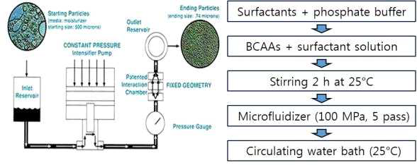 Microfluidizer의 모식도 및 공정 방법.