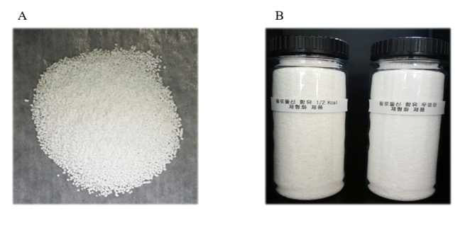 Tablet formation including phyllodulcin of pellet (A) and prototype product (B).