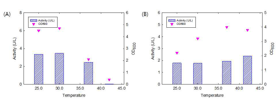 Optimum temperature of Y01(A) and B01(B) on β-xylosidase expression.