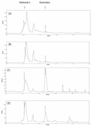 오디(A), 상잎(B), 상지(C), 상백피(D) HPLC profile