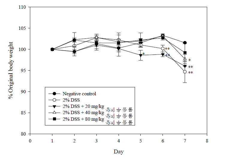 상지추출물에 따른 대장염 모델 마우스의 몸무게 변화.