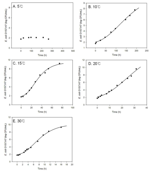 온도에 따른 배지 내 E. coli O157:H7의 성장곡선