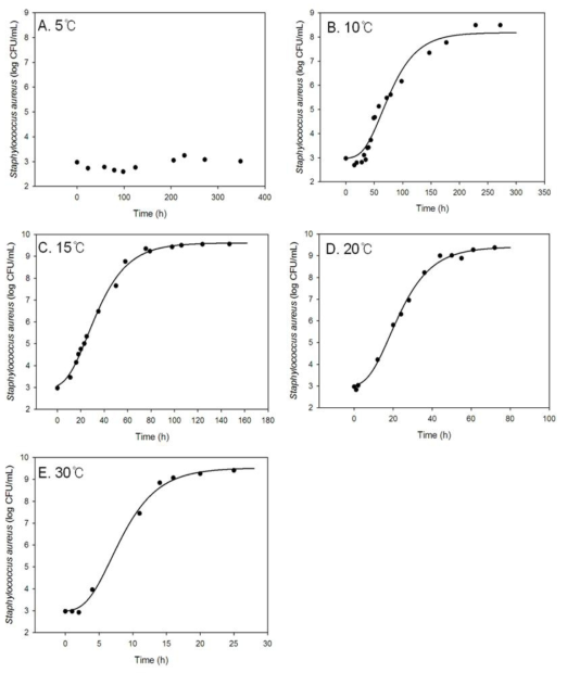 온도에 따른 배지 내 S. aureus의 성장곡선