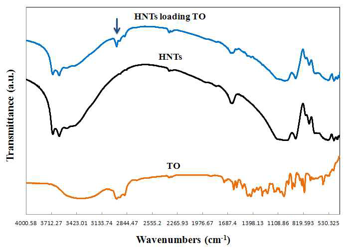 Thyme 정유 포집 유무에 따른 HNTs의 FT-IR spectra 비교