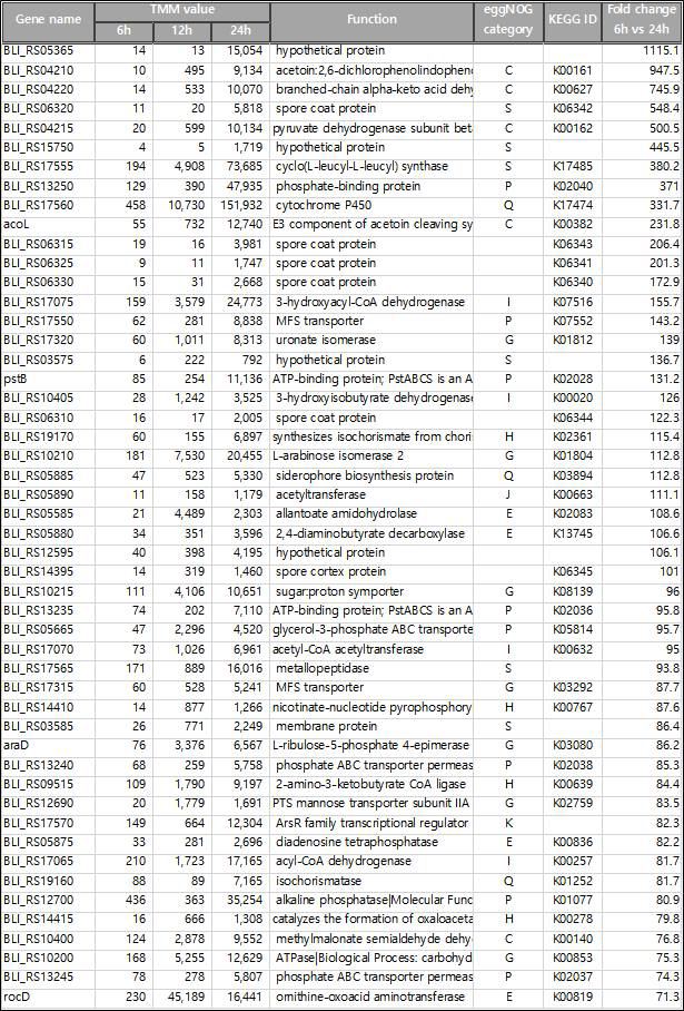 BL1202이 log phase (6h) 배양으로부터 spore-forming phase (24h)에 도달 되었을 때 10배 이상 transcripts의 증가를 보이는 유전자들