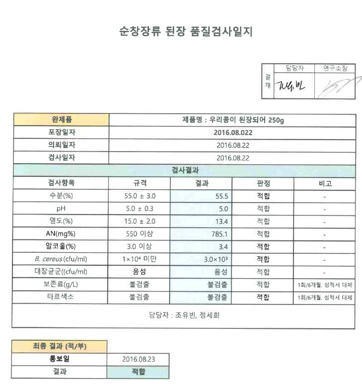 된장 시제품의 일반분석 및 미생물분석