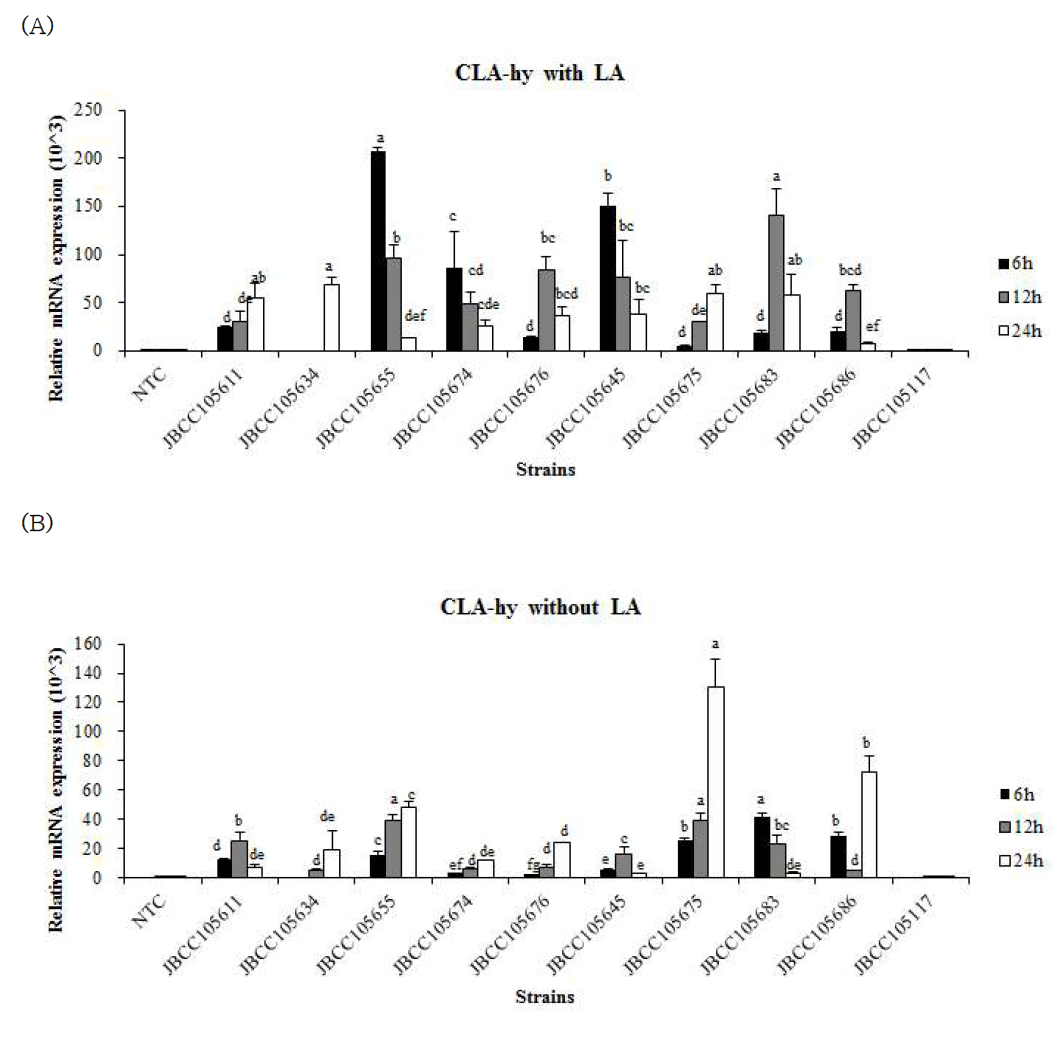 CLA생성 10종의 유산균주의 (A) linoleic acid 비함유 MRS 배지와 (B) linoleic acid 600 μg/mL 함유 MRS 배지조건에서의 RNA 추출 시간별 (■ 6시간, 12시 간, □ 24시간) hydratase/dehydragase (CLA-HY) 유전자 발현 변화 (n=2).