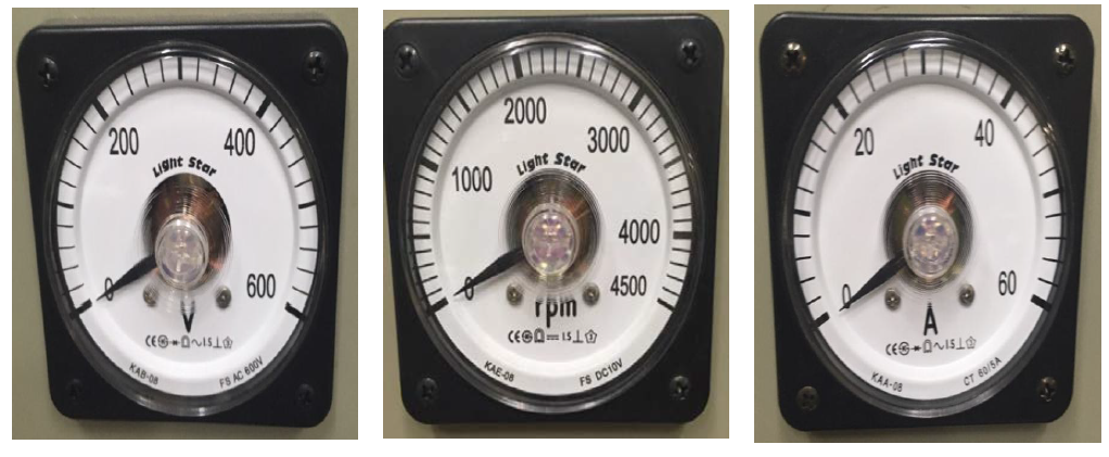 전압(V), 회전속도(rpm), 전류(A) 아날로그 계기판