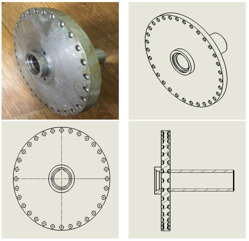 양쪽 표면에 딤플이 가공된 회전체(rotor)의 실물사진 및 도면