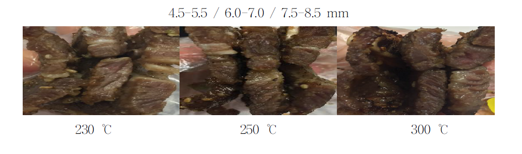 갈비 두께별 가열온도에 따른 조직 단면