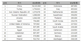 전 세계 오이 생산 규모