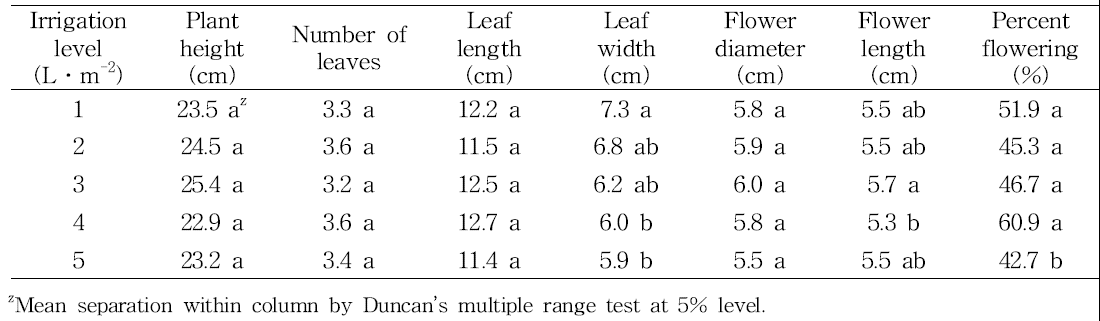 Effect of irrigation level on shoot growth during vegetative growth (between 1 and 31 March) in tulip ‘Leen van der Mark‘