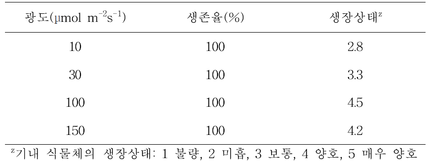 광도가 당근의 기내 유식물체의 생장에 미치는 영향