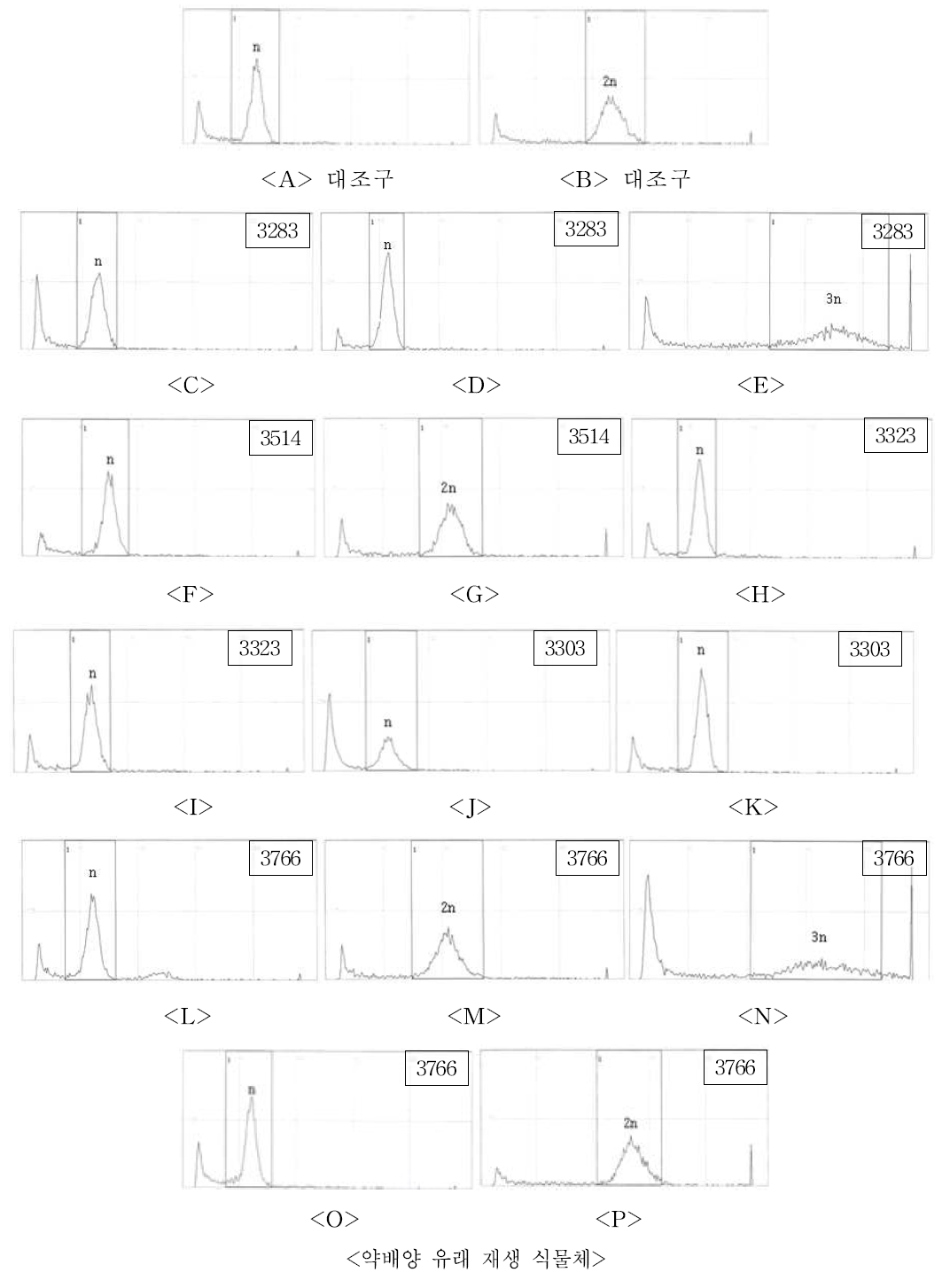 당근 핵내의 상대적 DAPI 형광강도를 이용한 flow cytometric 히스토그램.