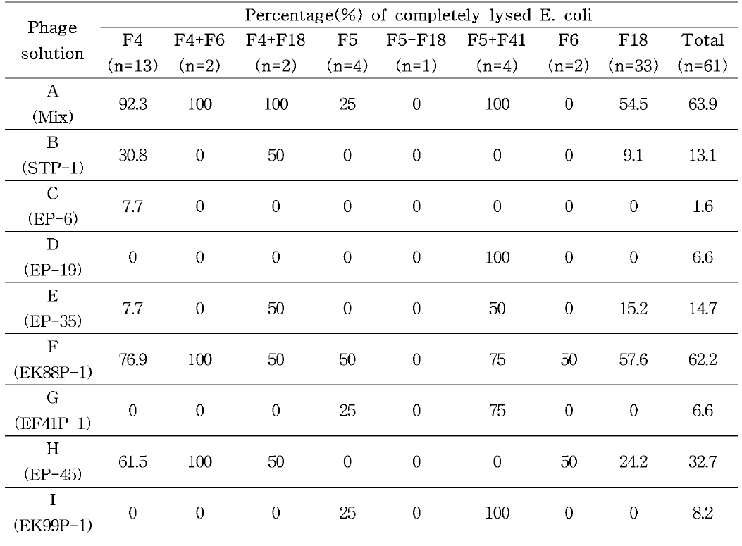 P ili형에 따른 박테리오파지 용액의 용균률