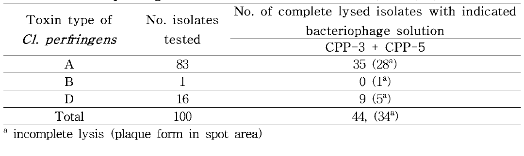 Clostridium perM ngens 분리 주에 대한 선발된 박테리오파지 혼합액의 효능 평가