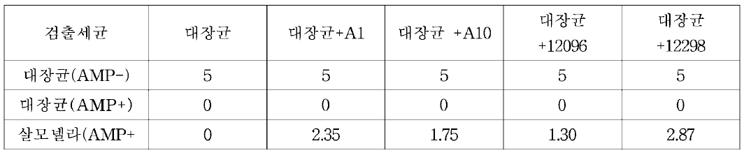 증식 세균의 항생제 내성 유전자 전달 시험 결과