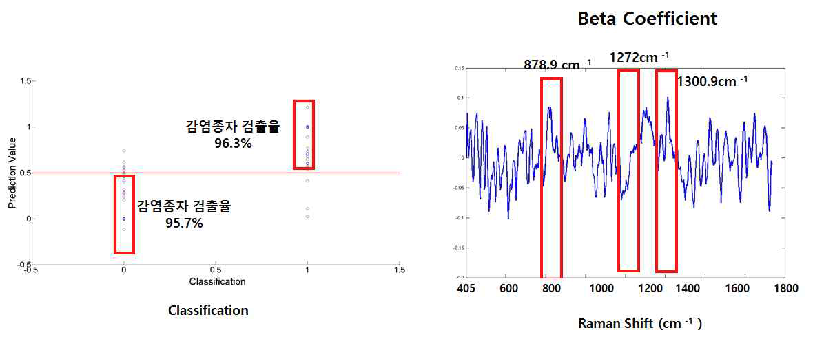 (a) PLS-DA 이용한 수박종자의 Raman 초분광 영상 스펙트럼의 CGMMV 바이러스 감염 여부 판별, (b) 판별 모델의 파장별 가중치