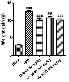 Inhibitory effects of YD-204B on weight gain in mice fed high-fat diet for 8 weeks
