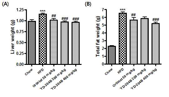 Inhibitory effects of YD-204B on various adipose tissue weight in mice fed high-fat diet for 8 weeks. (A) Liver weight, (B) Total Fat weight