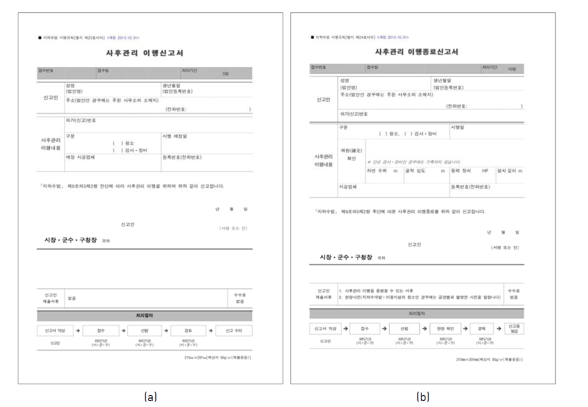 사후관리 이행신고서(a) 및 이행종료신고서(b)