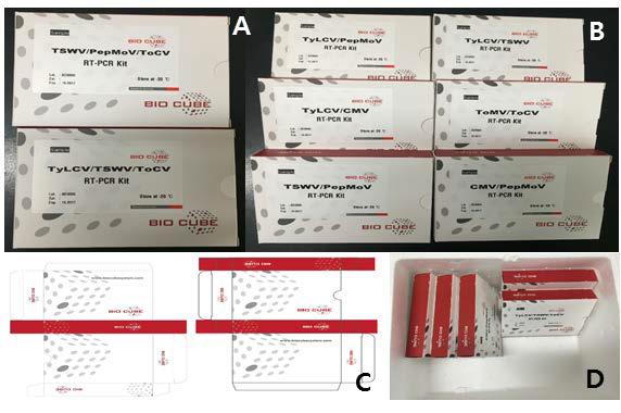 Triplex (A) 및 duplex (B) 진단용 PCR/RT-PCR kit와 제품 박스(C)및 제품 포장(D).