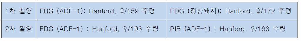 CT와 PET 촬영에 사용된 APP 돼지에서 FDG 및 PIB 투여 주령