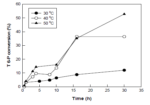 반응 온도에 따른 포도당으로부터 tagatose 6-phosphate로의 전환율 비교