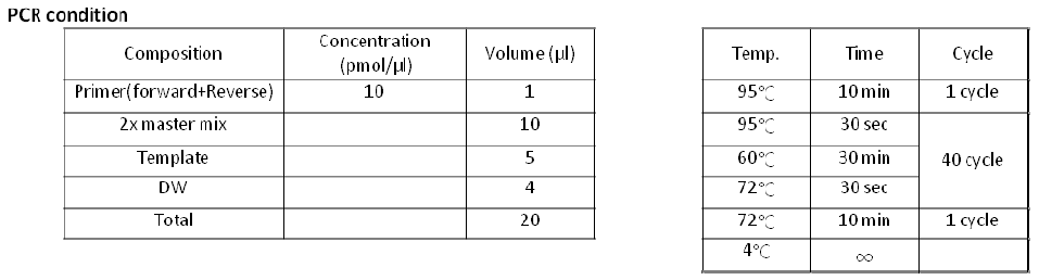 시험평가에 사용한 PCR 반응 조건