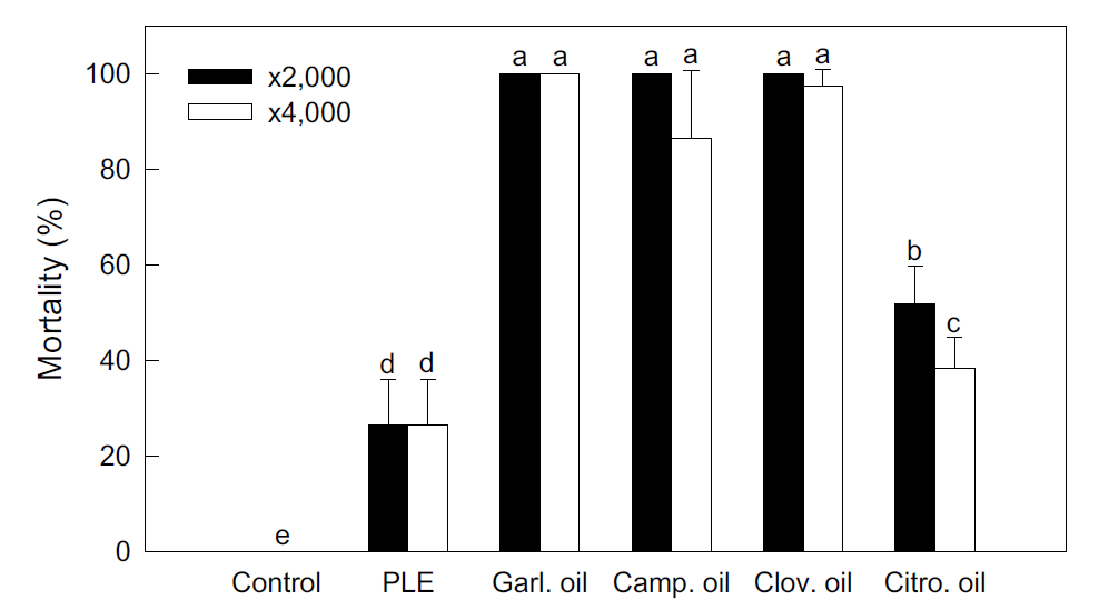 식물정유에 종류별 2,000배, 4,000배에 대한 48시간 후의 가루이에 대한 살충율조사 결과