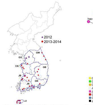 우리나라에서 JpL 담배가루이의 분포(2009-2014)