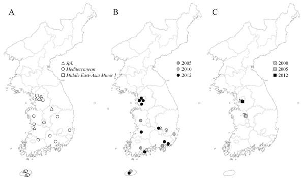 Geminivirus 매개 담배가루이 국내 분포도