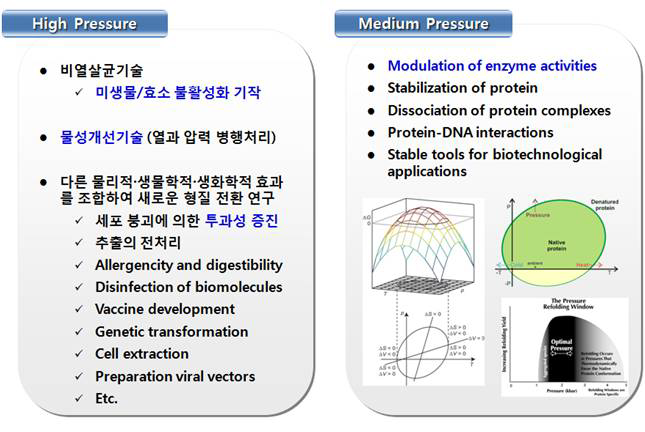 압력대별 작용기작 (High pressure: 400 MPa, Medium pressure: 50～200 MPa).