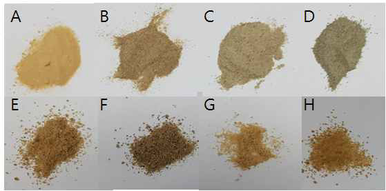 APH base powder 외관(A) 및 시중제품의 외관(B～H).