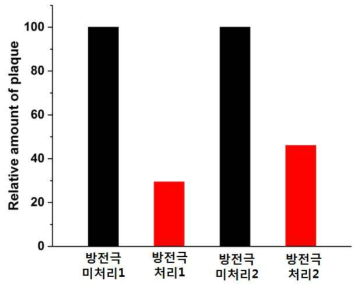 방전극 미처리 필터와 방전극 처리 필터 표면에서 배양된 MS2 군집수 분석