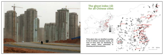 중국의 유령도시(좌)와 유령도시 위치 및 지표(우)