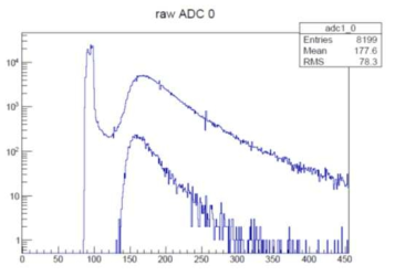 플라스틱 섬광체와 광전자 증배관으로부터 넣은 ADC 스펙트럼